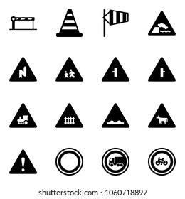 Solid vector icon set - barrier vector, road cone, side wind, embankment sign, abrupt turn right, children, intersection, railway, rough, cow, attention, prohibition, no truck, bike
