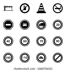 Solid vector icon set - barrier vector, no mobile sign, road cone, smoking, way, car, truck, speed limit 20, 40, 60, 70, 90, 100, 110, bike, parking