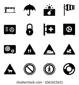 Solid vector icon set - barrier vector, insurance, terrorism, side wind, safe, lock, first aid room, oncoming traffic road sign, climb, railway intersection, cow, prohibition, no pedestrian