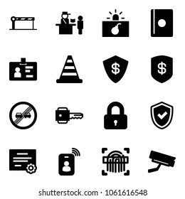 Solid vector icon set - barrier vector, passport control, terrorism, identity, road cone, safe, end overtake limit sign, key, locked, shield check, certificate, card, fingerprint scanner