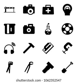Solid vector icon set - barrier vector, camera, doctor bag, mri, atm, round flask, lifebuoy, wireless headphones, hammer, trowel, clamp, plumber, bolt, shovel