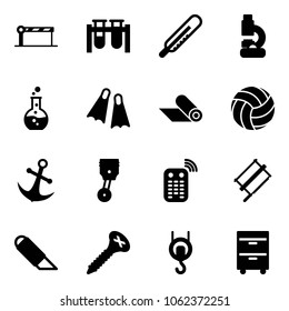 Solid vector icon set - barrier vector, vial, thermometer, lab, round flask, flippers, mat, volleyball, anchor, piston, remote control, bucksaw, work knife, screw, winch, tool cabinet