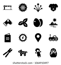 Solid vector icon set - barrier vector, firework, dog, three leafs, eggs, pyramid, passport, sun power, navigation pin, moon rover, bolt cutter, toy horse, doll, russian