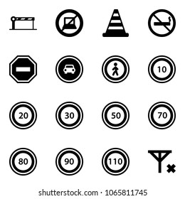 Solid vector icon set - barrier vector, no computer sign, road cone, smoking, way, car, pedestrian, speed limit 10, 20, 30, 50, 70, 80, 90, 110, signal