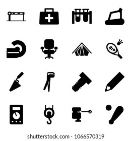 Solid vector icon set - barrier vector, doctor bag, vial, treadmill, mri, office chair, tent, badminton, trowel, plumber, bolt, pencil, multimeter, winch, laser lever, baseball bat