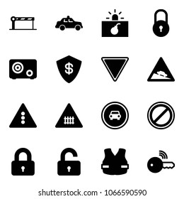 Solid vector icon set - barrier vector, safety car, terrorism, lock, safe, giving way road sign, steep descent, traffic light, railway intersection, no, parking, locked, unlocked, life vest