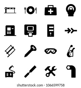 Solid vector icon set - barrier vector, plate spoon fork, doctor bag, mri, atm, server, connect, bucksaw, screw, protective glasses, winch, welding, rasp, wrench hammer, allen key