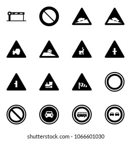 Solid vector icon set - barrier vector, prohibition road sign, climb, steep descent, tractor way, roadside, wild animals, intersection, railway, side wind, no car, bus, overtake