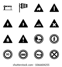 Solid vector icon set - barrier vector, side wind, tractor way road sign, traffic light, intersection, car crash, railway, narrows, attention, no trailer, pedestrian, speed limit 90, bus, cart horse