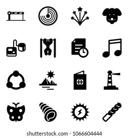 Solid vector icon set - barrier vector, radar, firework, dog, tonometer, pull ups, history, music, community, pyramid, passport, lighthouse, butterfly, shell, sun power, drill