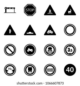 Solid vector icon set - barrier vector, stop road sign, pedestrian, wild animals, intersection, artificial unevenness, for moto, prohibition, no, dangerous cargo, limited height, distance, customs