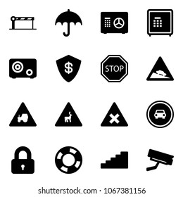 Solid vector icon set - barrier vector, insurance, safe, stop road sign, steep descent, tractor way, wild animals, railway intersection, no car, locked, lifebuoy, stairs, surveillance camera