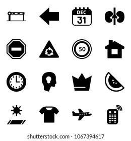 Solid vector icon set - barrier vector, left arrow, 31 dec calendar, kidneys, no way road sign, round motion, speed limit 50, home, time, head bulb, crown, watermelone, mat, t shirt, plane