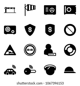 Solid vector icon set - barrier vector, side wind, safe, prohibition road sign, embankment, no overtake, user password, lifebuoy, car wireless, key, protect glass, construction helmet