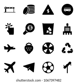 Solid vector icon set - barrier vector, coin, intersection road sign, bus, hand touch, search money, garbage, bank building, plane, strawberry, parasol, recycling, paper, soccer ball, toy windmill