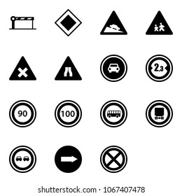 Solid vector icon set - barrier vector, main road sign, steep descent, children, railway intersection, narrows, no car, limited width, speed limit 90, 100, bus, dangerous cargo, overtake, only right