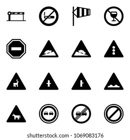 Solid vector icon set - barrier vector, no smoking sign, side wind, alcohol, way road, climb, steep descent, traffic light, wild animals, intersection, rough, cow, overtake, end limit, parking
