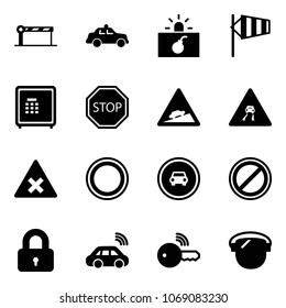 Solid vector icon set - barrier vector, safety car, terrorism, side wind, safe, stop road sign, climb, slippery, railway intersection, prohibition, no, parking, locked, wireless, key, protect glass