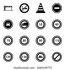 Solid vector icon set - barrier vector, no smoking sign, road cone, way, car, truck, speed limit 10, 40, 70, 80, 90, 110, 120, 130, bike, parking