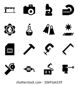 Solid vector icon set - barrier vector, camera, lab, mri, gear globe, round flask, flippers, mat, sim, hammer, clamp, staple, Angular grinder, jack, welding, laser lever