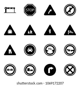 Solid vector icon set - barrier vector, stop road sign, turn right, no parkin odd, tunnel, children, intersection, side wind, narrows, car, limited distance, cart horse, overtake, truck, only