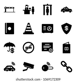 Solid vector icon set - barrier vector, passport control, metal detector gate, safety car, road cone, safe, end overtake limit sign, certificate, wireless, surveillance camera, key, link