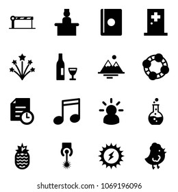 Solid vector icon set - barrier vector, recieptionist, passport, first aid room, firework, wine, mountains, friends, history, music, idea, round flask, pineapple, laser, sun power, chicken toy