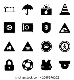 Solid vector icon set - barrier vector, insurance, terrorism, road cone, safe, embankment sign, tractor way, cow, no car, pedestrian, locked, lifebuoy, life vest, surveillance camera