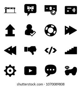 Solid vector icon set - barrier vector, bow message, cash, tap pay, uplooad, user check, lifebuoy, fast forward, backward, dislike, tag code, stairs, gear, playback, chat, baby car