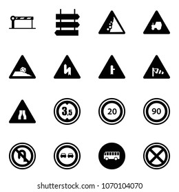 Solid vector icon set - barrier vector, sign post, landslide road, tractor way, steep roadside, intersection, side wind, narrows, limited height, speed limit 20, 90, no turn back, overtake, bus