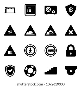 Solid vector icon set - barrier vector, safe, oncoming traffic road sign, steep descent, embankment, railway intersection, no pedestrian, bus, locked, shield check, lifebuoy, stairs
