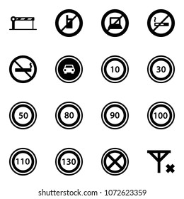 Solid vector icon set - barrier vector, no mobile sign, computer, smoking, car road, speed limit 10, 30, 50, 80, 90, 100, 110, 130, stop, signal