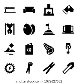 Solid vector icon set - barrier vector, vip waiting area, fireplace, dog, pull ups, eggs, pyramid flag, doors, passport, shell, laser, sun power, plumber, bolt cutter, tile drill