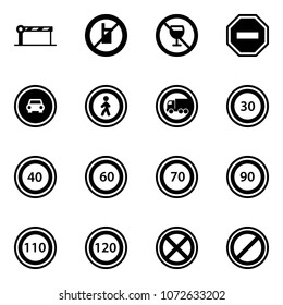 Solid vector icon set - barrier vector, no mobile sign, alcohol, way road, car, pedestrian, truck, speed limit 30, 40, 60, 70, 90, 110, 120, stop, parking