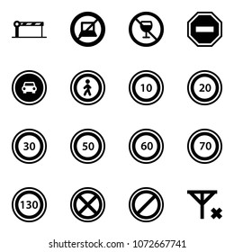 Solid vector icon set - barrier vector, no computer sign, alcohol, way road, car, pedestrian, speed limit 10, 20, 30, 50, 60, 70, 130, stop, parking, signal