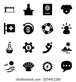 Solid vector icon set - barrier vector, recieptionist, passport, dog, first aid room, money back, friends, idea, round flask, managemet, flying man, pyramid, waves, shell, sun power, chat