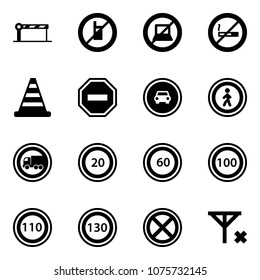 Solid vector icon set - barrier vector, no mobile sign, computer, smoking, road cone, way, car, pedestrian, truck, speed limit 20, 60, 100, 110, 130, stop, signal