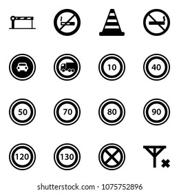 Solid vector icon set - barrier vector, no smoking sign, road cone, car, truck, speed limit 10, 40, 50, 70, 80, 90, 120, 130, stop, signal