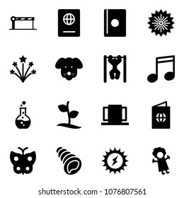 Solid vector icon set - barrier vector, passport, firework, dog, pull ups, music, round flask, sproute, doors, butterfly, shell, sun power, doll
