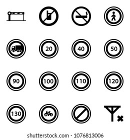 Solid vector icon set - barrier vector, no mobile sign, smoking, pedestrian road, truck, speed limit 20, 40, 50, 90, 100, 110, 120, 130, bike, parking, signal