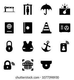 Solid vector icon set - barrier vector, metal detector gate, insurance, terrorism, passport, road cone, safe, lock, life vest, anchor, identity card, wireless, fingerprint scanner