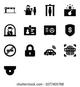 Solid vector icon set - barrier vector, passport control, metal detector gate, terrorism, officer window, identity, safe, end overtake limit road sign, locked, car wireless, fingerprint scanner
