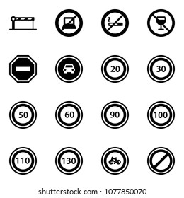 Solid vector icon set - barrier vector, no computer sign, smoking, alcohol, way road, car, speed limit 20, 30, 50, 60, 90, 100, 110, 130, bike, parking