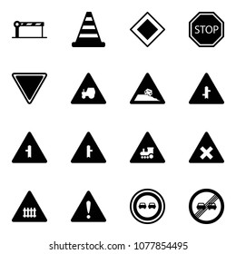 Solid vector icon set - barrier vector, road cone, main sign, stop, giving way, tractor, steep roadside, intersection, railway, attention, no overtake, end limit