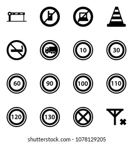 Solid vector icon set - barrier vector, no mobile sign, computer, road cone, smoking, truck, speed limit 10, 30, 60, 90, 100, 110, 120, 130, stop, signal
