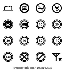 Solid vector icon set - barrier vector, no computer sign, smoking, alcohol, car road, truck, speed limit 10, 20, 30, 40, 80, 110, 130, stop, parking, signal