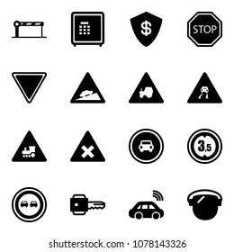 Solid vector icon set - barrier vector, safe, stop road sign, giving way, climb, tractor, slippery, railway intersection, no car, limited height, overtake, key, wireless, protect glass