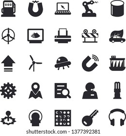 Solid vector icon set - barrier flat vector, refueling, hydroelectric power station, cogwheel, energy saving lamp, eco cars, laser, pipe production, magnet, ultrasound, tomograph, magnifier, printer