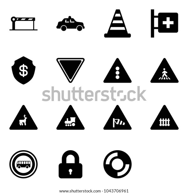 Solid vector icon set - barrier vector, safety\
car, road cone, first aid room, safe, giving way sign, traffic\
light, pedestrian, wild animals, railway intersection, side wind,\
no bus, locked
