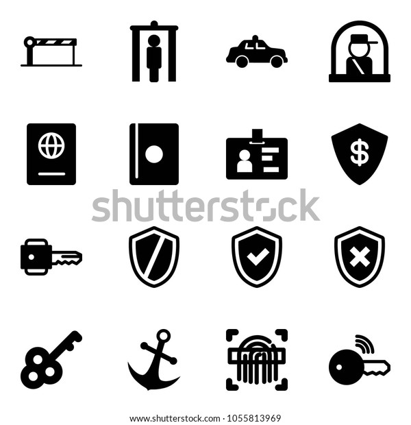 Solid vector
icon set - barrier vector, metal detector gate, safety car, officer
window, passport, identity, safe, key, shield, check, cross,
anchor, fingerprint scanner,
wireless